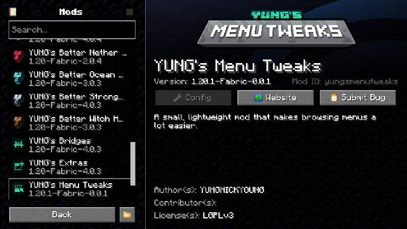 Скриншот мода YUNG's Menu Tweaks (Fabric) #4571